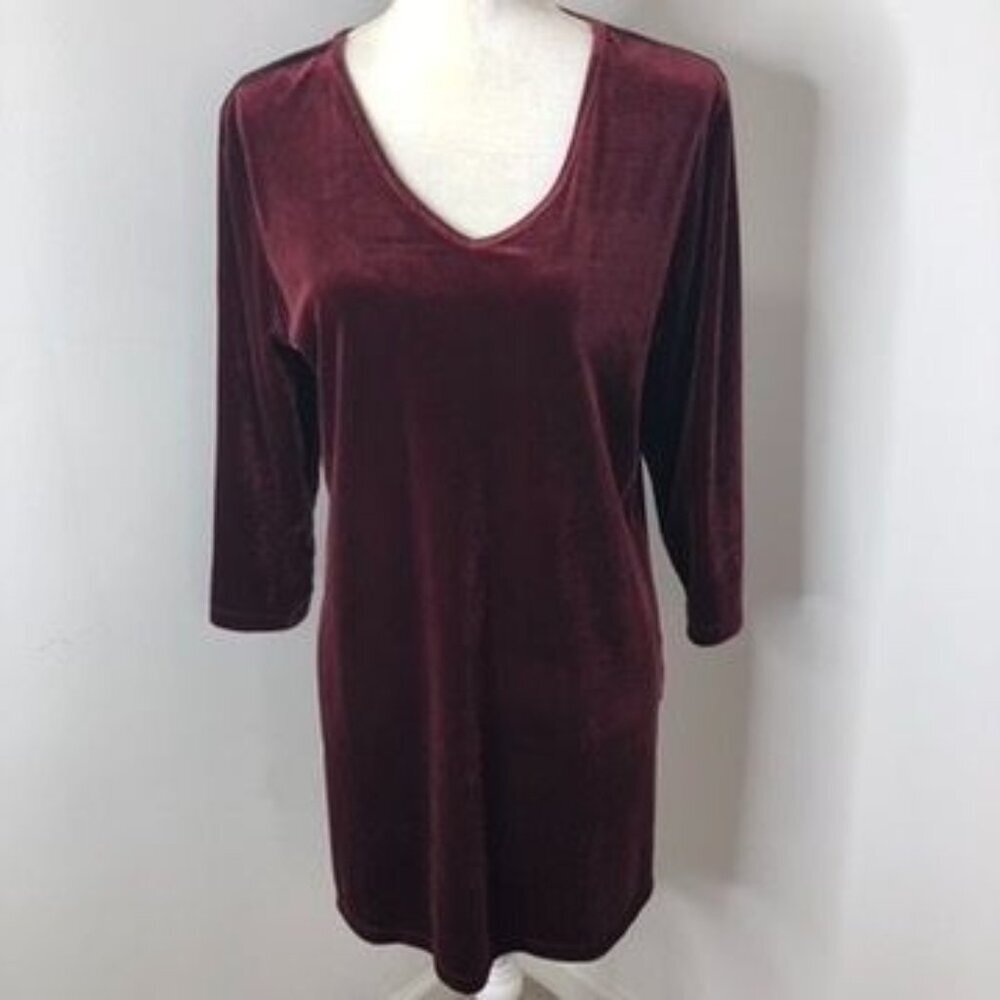 Susan Graver Womens Burgundy Velour V-Neck Dress Size Medium Holiday Office Core